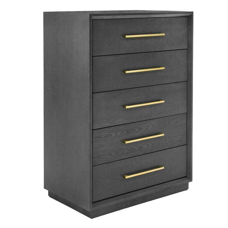 Gri Masif Ahşap ve MDF Gold Kulplu 5 Çekmeceli Yavaş Kapanır Şifonyer - 92x130x51 cm - 303328