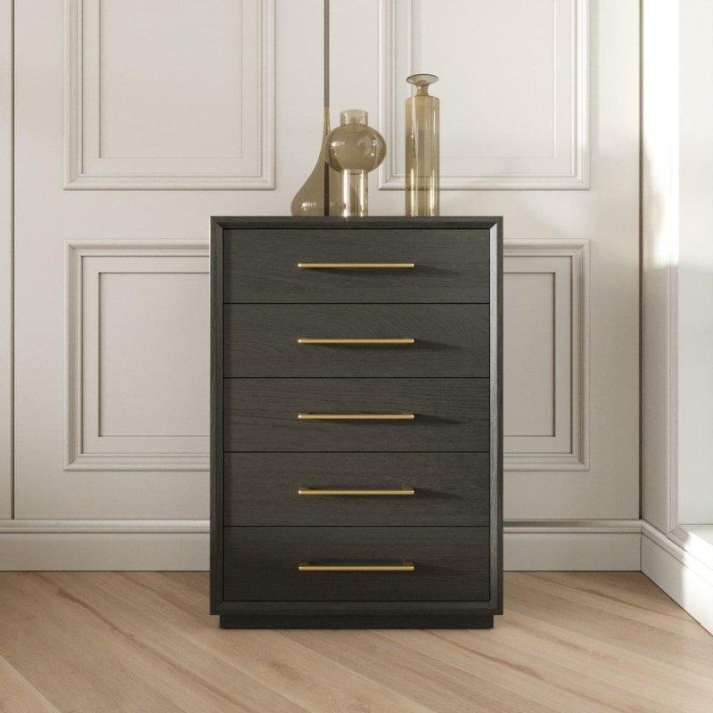 Gri Masif Ahşap ve MDF Gold Kulplu 5 Çekmeceli Yavaş Kapanır Şifonyer - 92x130x51 cm - 303328