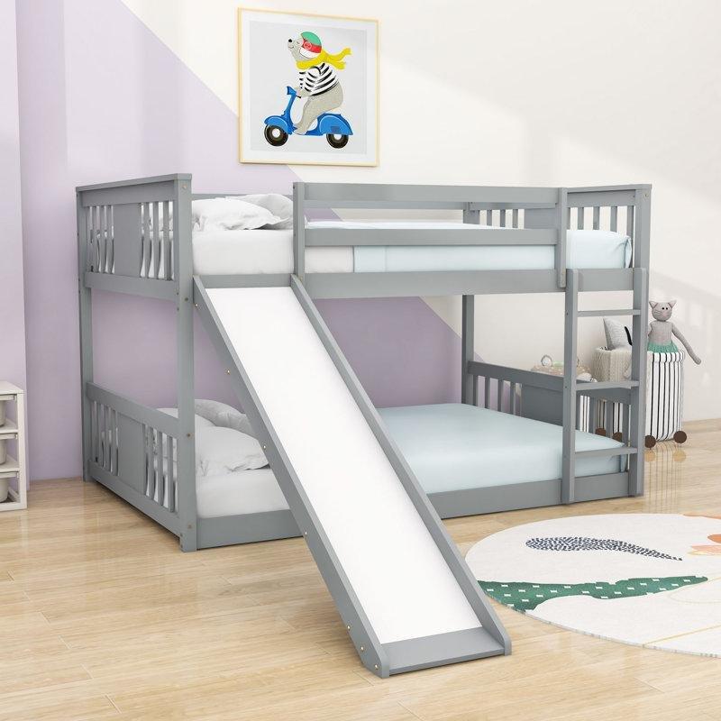 Gri Masif Ahşap ve MDF Kaydıraklı Merdivenli Ranza - 203x153x132 cm - 246113