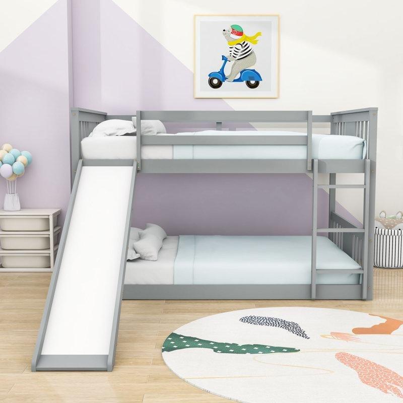Gri Masif Ahşap ve MDF Kaydıraklı Merdivenli Ranza - 203x153x132 cm - 246113