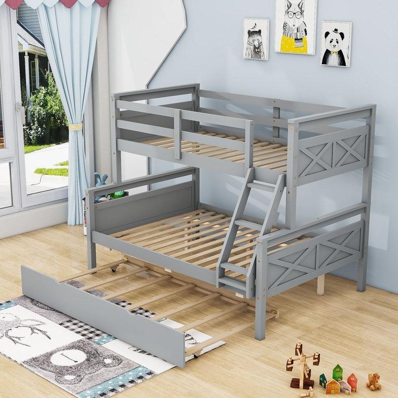 Gri Masif Ahşap ve MDF Yavru Yataklı Ayrılabilen Ranza - 145x201 cm - 247255