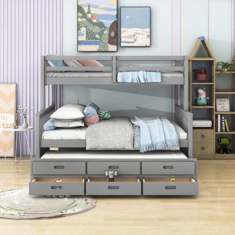 Gri Masif Ahşap ve MDF Yavru Yataklı Çekmeceli Ayrılabilen Ranza - 196x145 cm - 246477