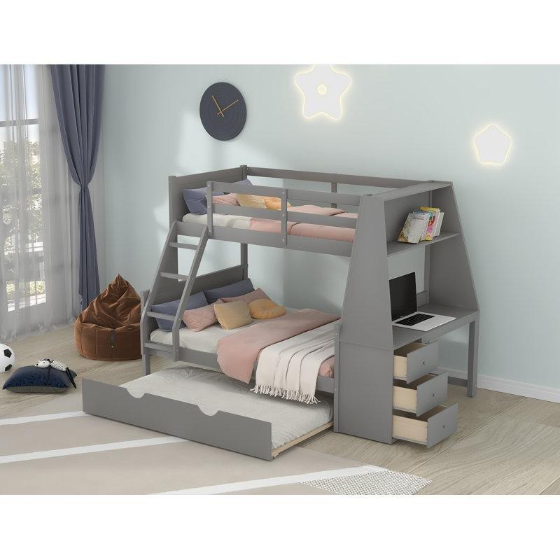 Gri Masif Ahşap ve MDF Yavru Yataklı Çekmeceli Çalışma Masalı Ranza - 239x246 cm - 247576