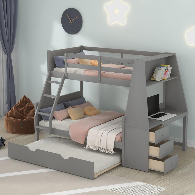Gri Masif Ahşap ve MDF Yavru Yataklı Çekmeceli Çalışma Masalı Ranza - 239x246 cm - 247576