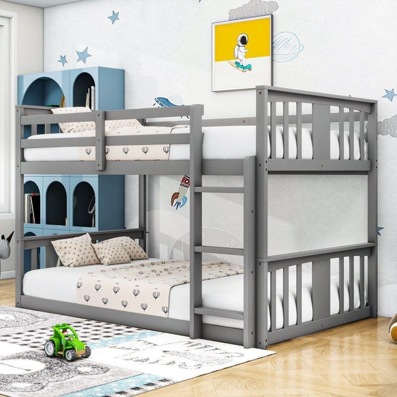Gri Masif Çam Ağacı Dahili Merdivenli Korkuluklu Ranza - 105x202 cm - 246643