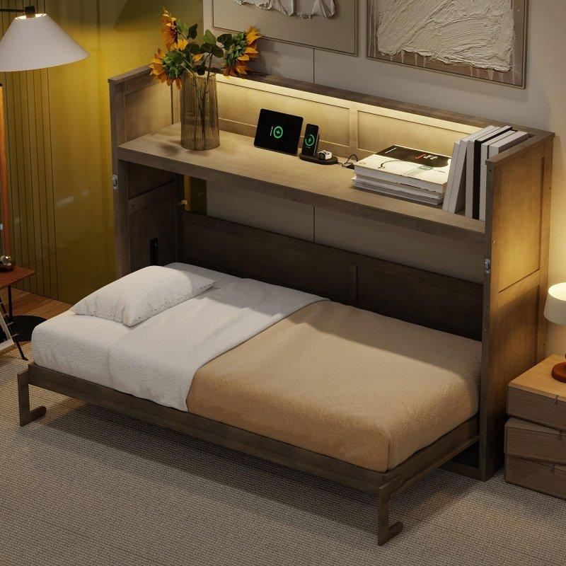 Gri Masif Çam Ağacı Masalı LED Aydınlatmalı USB Şarjlı Twin XL Duvar Yatağı - 206x100 cm - 266335