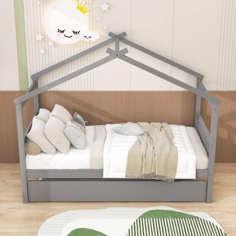 Gri Masif Çam Ağacı ve Endüstriyel Ahşap Çekmeceli Yavru Yataklı Karyola - 107x206 cm - 328362