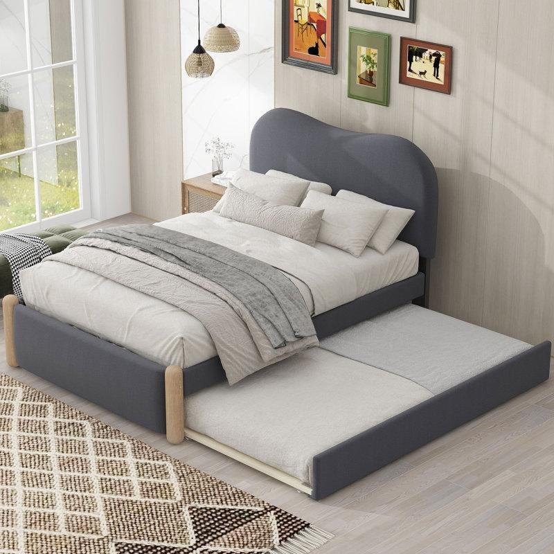 Gri Masif Çam Ağacı ve MDF Kumaş Döşemeli Yavru Yataklı Karyola - 113x203 cm - 328374