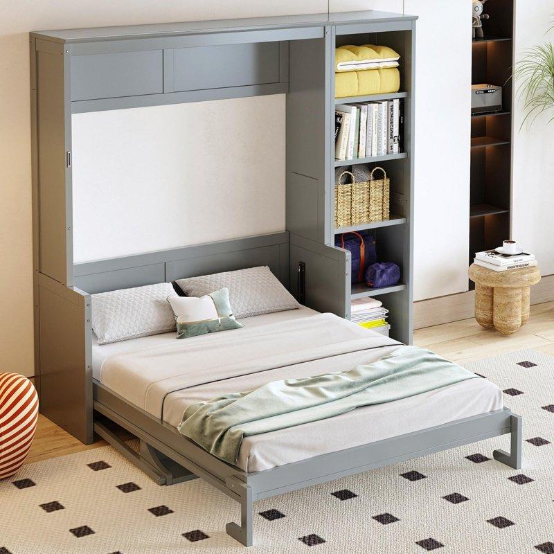 Gri Masif Çam Ağacı ve MDF Masalı ve Raflı Çift Kişilik Duvar Yatağı - 265645