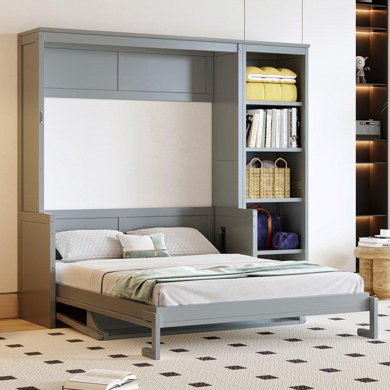 Gri Masif Çam Ağacı ve MDF Masalı ve Raflı Çift Kişilik Duvar Yatağı - 266956