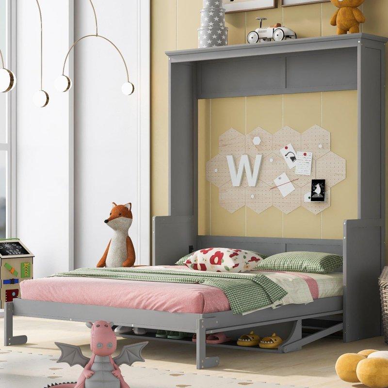 Gri Masif Çam Ağacı ve MDF Raflı Queen Size Duvar Yatağı - 263107