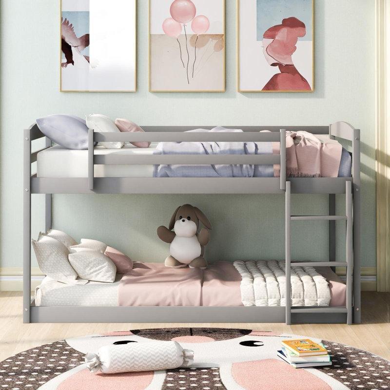 Gri Masif Çam Ahşap Alçak Tasarım Merdivenli Ranza - 107x201 cm - 246426