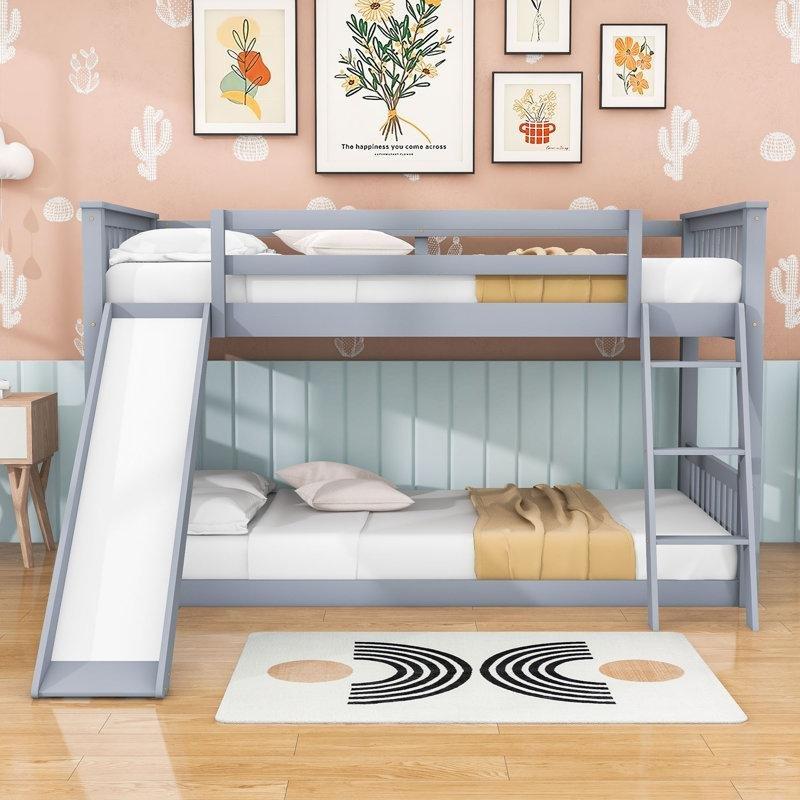 Gri Masif Çam Ahşap Kaydıraklı ve Merdivenli Ranza - 109x203 cm - 247262