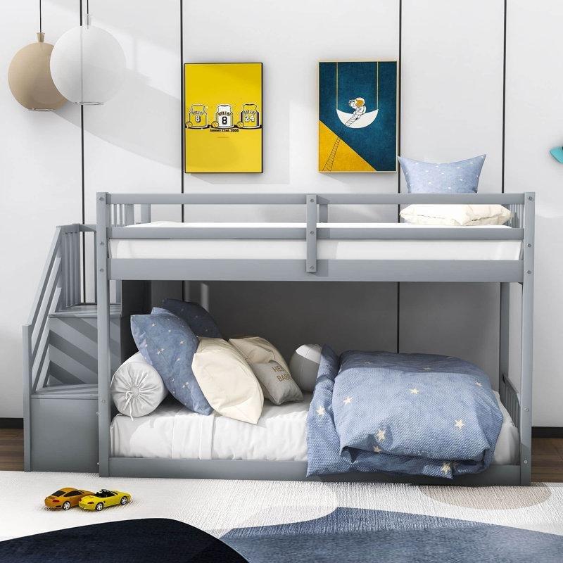 Gri Masif Çam Depolamalı Merdivenli ve Raflı Ranza - 100x229 cm - 247181