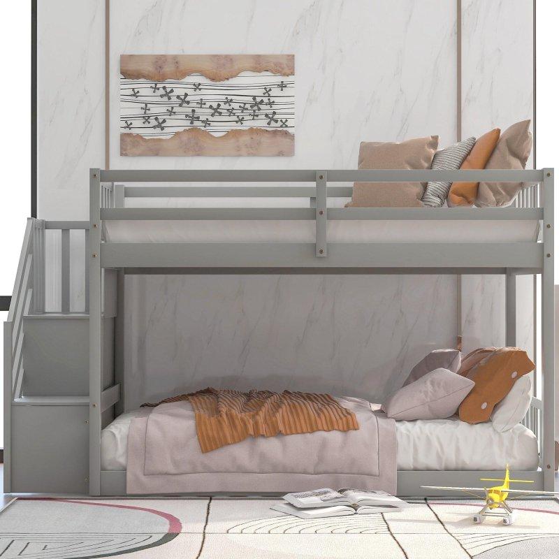 Gri Masif Çam Merdivenli ve Depolamalı Ranza - 238x108x129 cm - 249425
