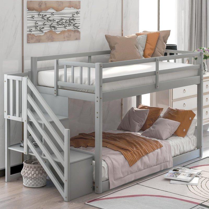 Gri Masif Çam Merdivenli ve Depolamalı Ranza - 238x108x129 cm - 249425