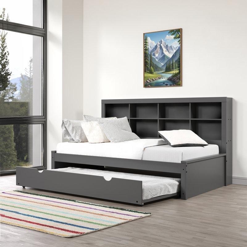 Gri Masif Çam ve Ahşap Kitaplıklı Yavru Yataklı Karyola - 100x203 cm - 328699