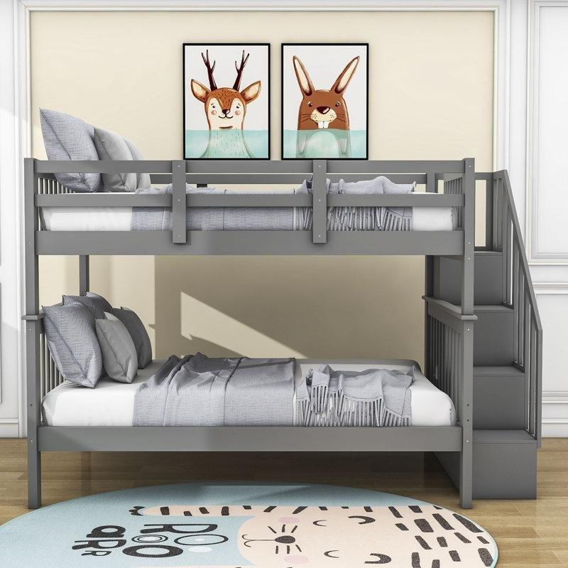 Gri Masif Çam ve MDF Ayrılabilen Merdivenli Raflı Ranza - 148x239 cm - 248441