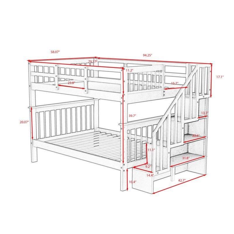 Gri Masif Çam ve MDF Ayrılabilen Merdivenli Raflı Ranza - 148x239 cm - 248441