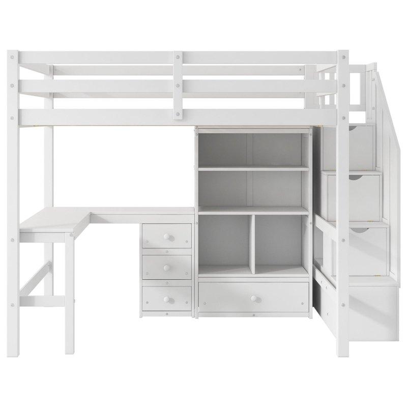 Gri Masif Çam ve MDF Çalışma Masalı ve Depolamalı Merdivenli Ranza - 249207