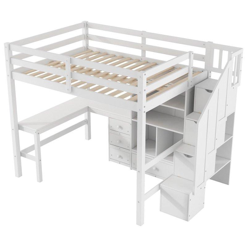 Gri Masif Çam ve MDF Çalışma Masalı ve Depolamalı Merdivenli Ranza - 249207