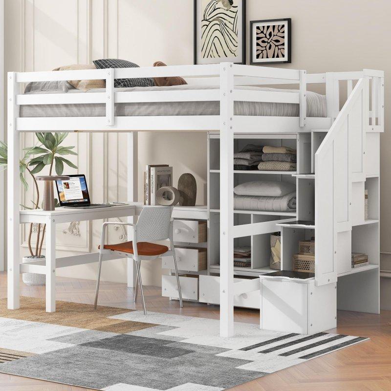 Gri Masif Çam ve MDF Çalışma Masalı ve Depolamalı Merdivenli Ranza - 249207