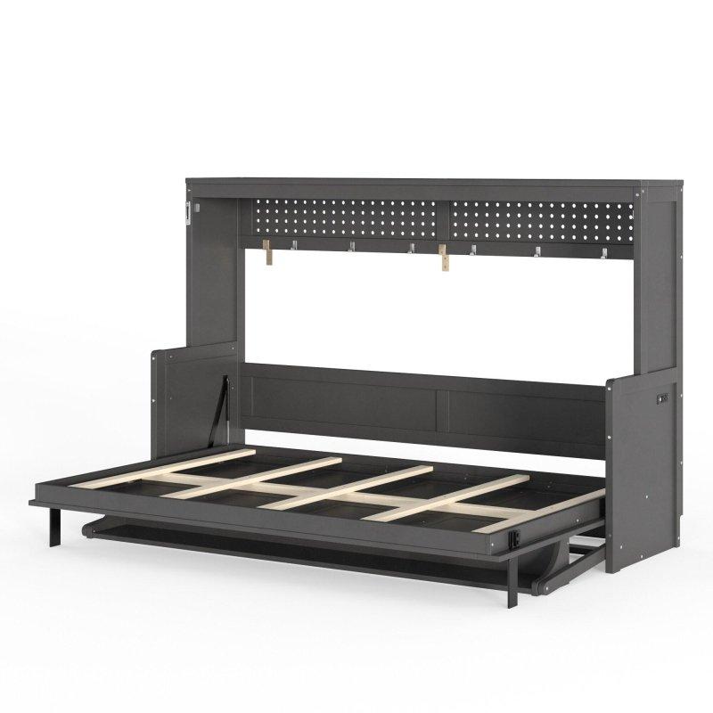 Gri Masif Çam ve MDF Dahili Masalı USB Şarjlı LED Aydınlatmalı Katlanır Duvar Yatağı - 151x211 cm - 265802