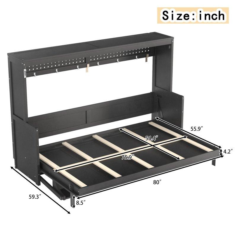 Gri Masif Çam ve MDF Dahili Masalı USB Şarjlı LED Aydınlatmalı Katlanır Duvar Yatağı - 151x211 cm - 265802