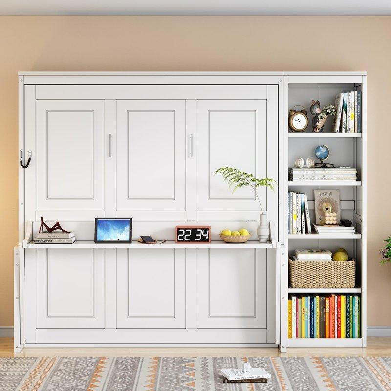 Gri Masif Çam ve MDF Dahili Masalı ve Kitaplıklı Duvar Yatağı - 266145