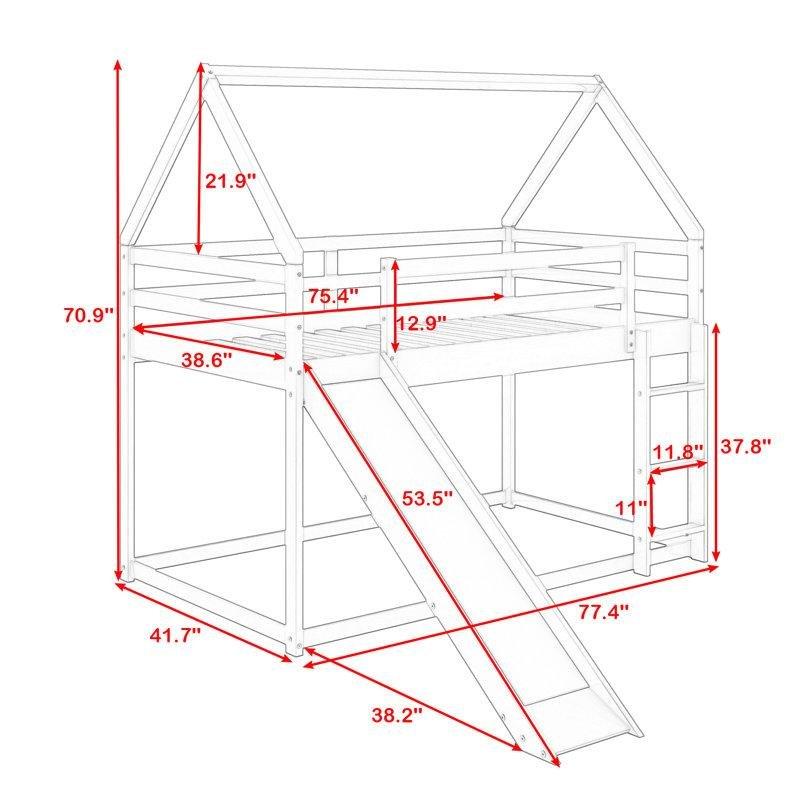 Gri Masif Çam ve MDF Kaydıraklı Ev Şeklinde Ranza - 106x197 cm - 246811