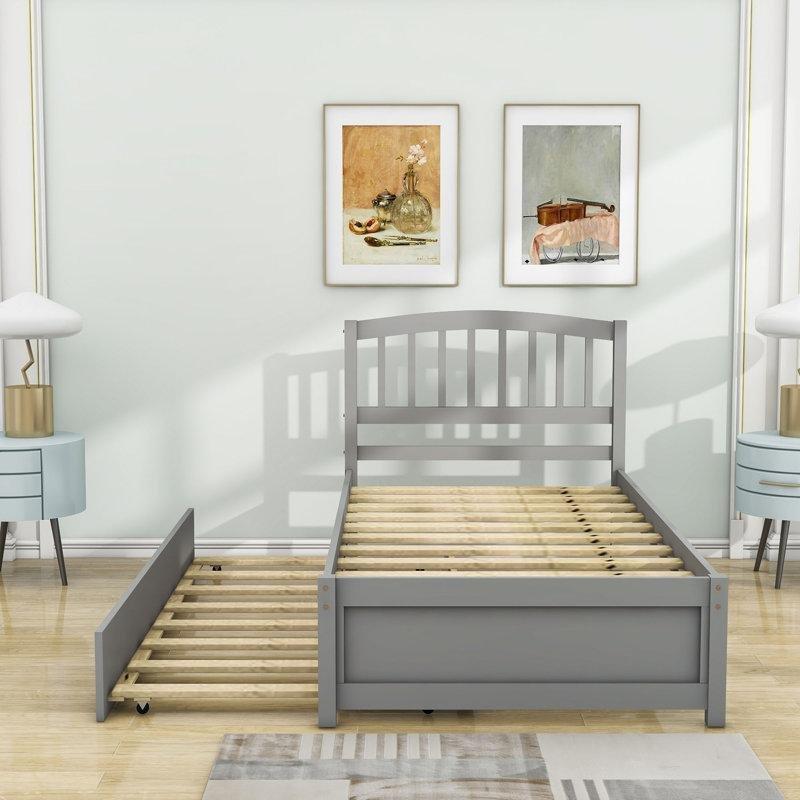 Gri Masif Çam ve MDF Kemerli Başlıklı Yavru Yataklı Karyola - 94x105x201 cm - 329041