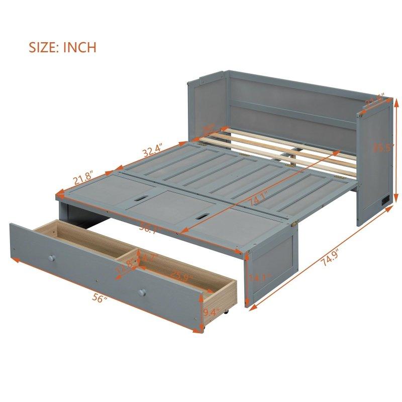 Gri Masif Çam ve MDF USB Portlu Geniş Çekmeceli Duvar Yatağı - 266613