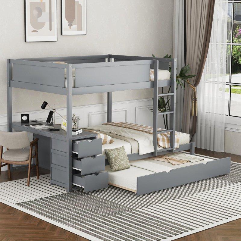 Gri Masif Çam ve MDF Yavru Yataklı Çekmeceli ve Çalışma Masalı Ranza - 249266
