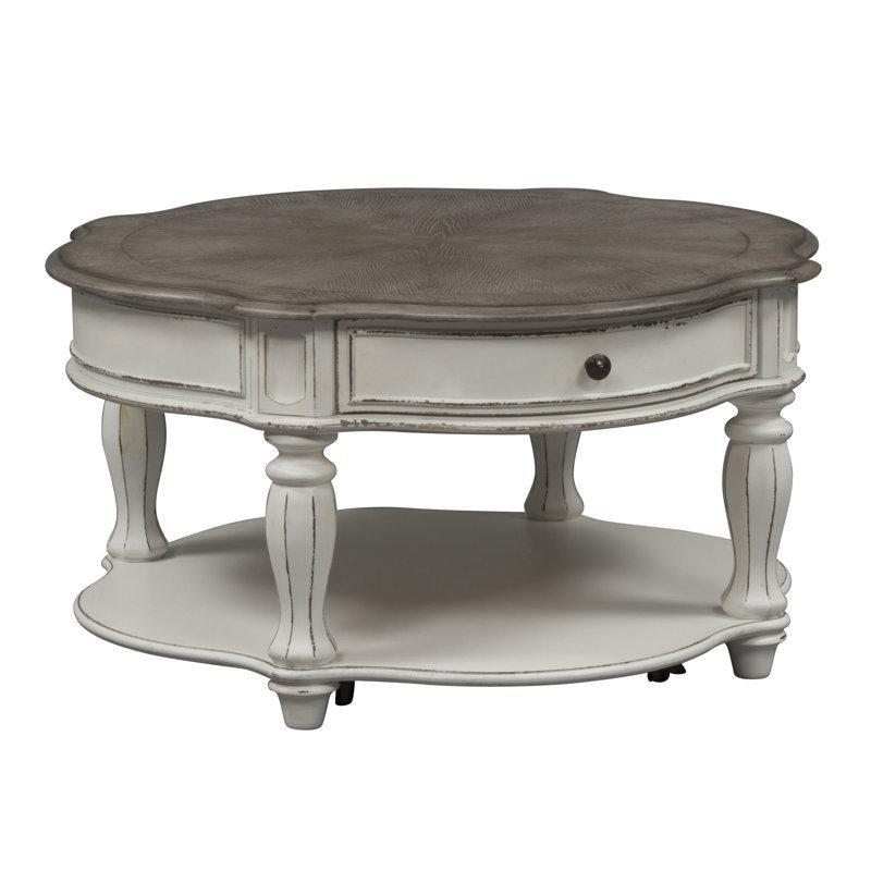 Gri Masif Kauçuk Ağacı Tekerlekli Çekmeceli Raflı Yuvarlak Orta Sehpa - 97x97 cm - 245710