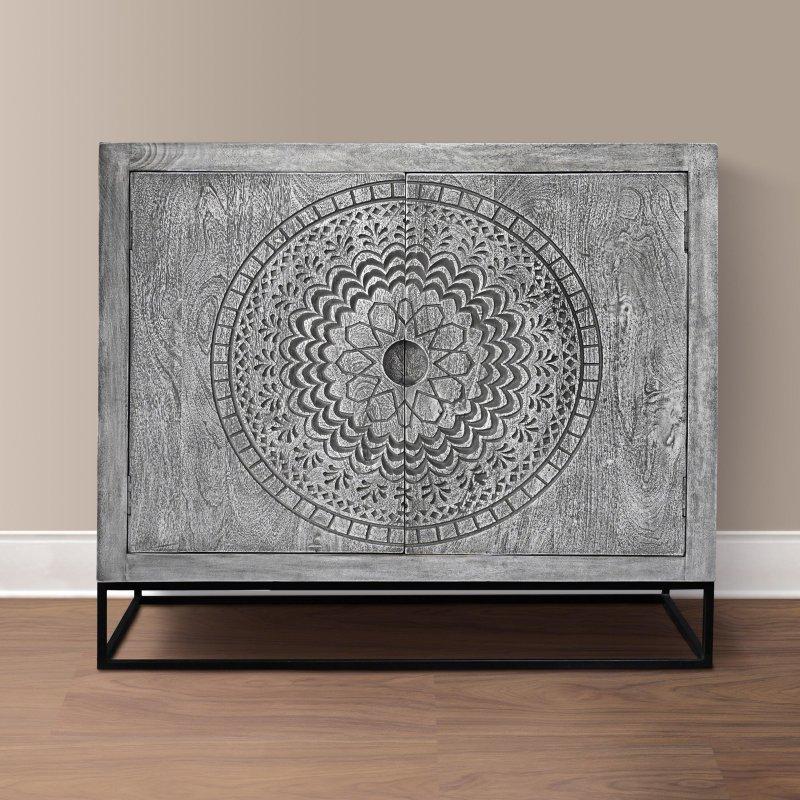 Gri Masif Mango Ağacı Madalyon Oymalı Metal Ayaklı Bohem Konsol - 100 cm - 325191