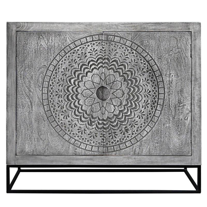 Gri Masif Mango Ağacı Madalyon Oymalı Metal Ayaklı Bohem Konsol - 100 cm - 325191