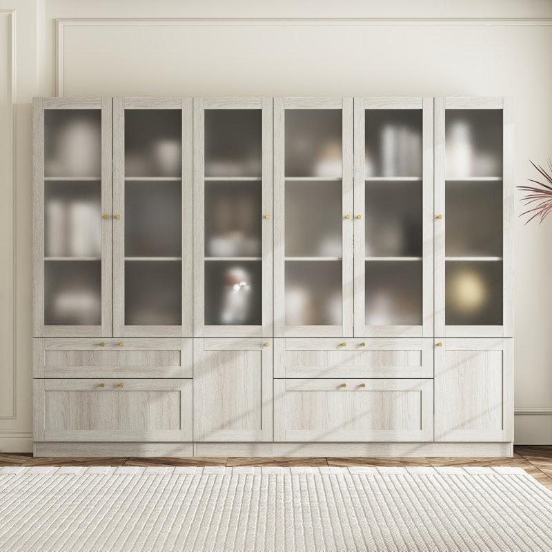 Gri Masif ve Endüstriyel Ahşap 4 Çekmeceli Gold Kulplu Ayarlanabilir Raflı Cam Kapaklı Kitaplık - 241x181 cm - 238782