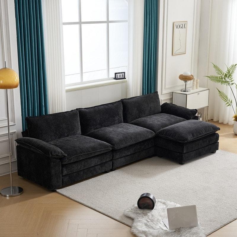 Gri Mavi Şönil Kumaş Modüler Yönü Değiştirilebilir Gold Ayaklı Köşe Koltuk - 305x89 cm - 260322