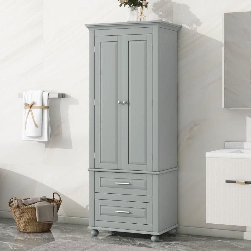 Gri MDF 2 Çekmeceli Ayarlanabilir Raflı Çok Amaçlı Banyo Dolabı - 61x159x40 cm - 333455
