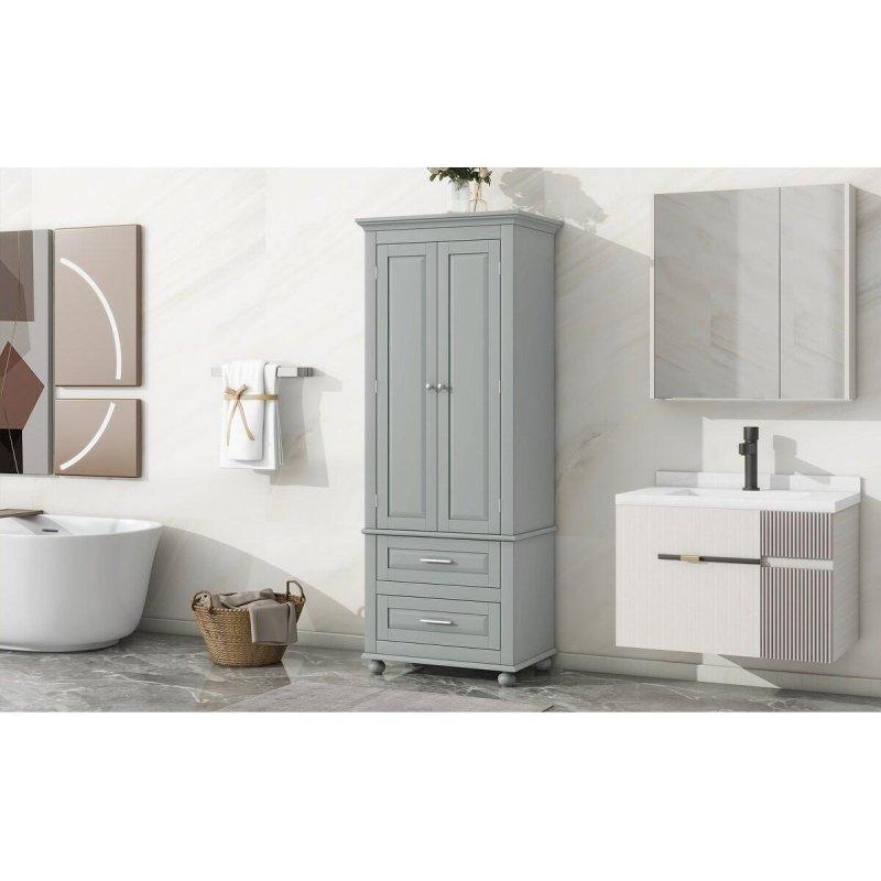 Gri MDF 2 Çekmeceli Ayarlanabilir Raflı Çok Amaçlı Banyo Dolabı - 61x159x40 cm - 333455