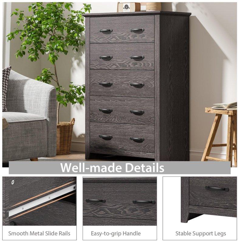 Gri MDF 5 Çekmeceli Metal Kulplu Yüksek Şifonyer - 79x44x120 cm - 296316