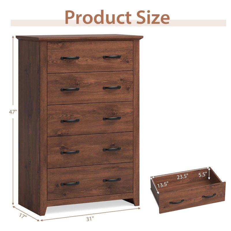 Gri MDF 5 Çekmeceli Metal Kulplu Yüksek Şifonyer - 79x44x120 cm - 296316