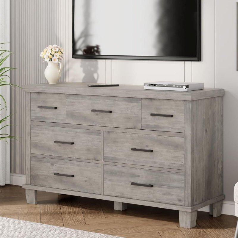 Gri MDF 7 Çekmeceli Metal Kulplu Şifonyer - 130 cm - 304834