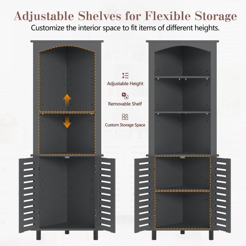 Gri MDF Ayarlanabilir Raflı ve Panjurlu Kapaklı Köşe Kitaplık - 174 cm - 314073