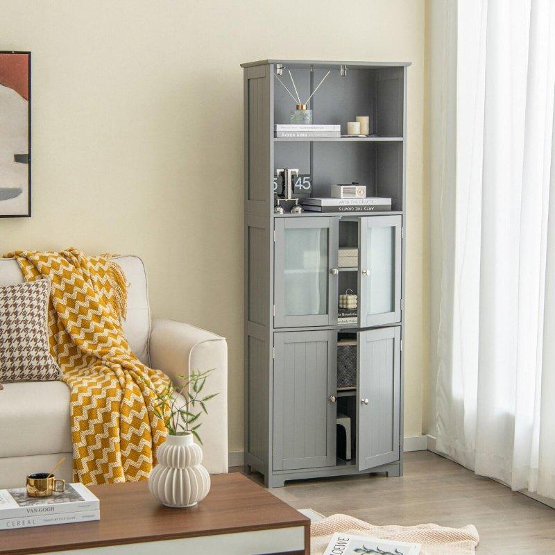 Gri MDF Cam Kapaklı ve Ayarlanabilir Raflı Çok Amaçlı Banyo Dolabı - 60x31x163 cm - 333998
