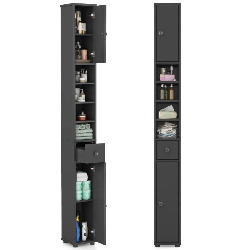 Gri MDF Çekmeceli Dar Uzun Çok Amaçlı Banyo Dolabı - 21x21x181 cm - 333494
