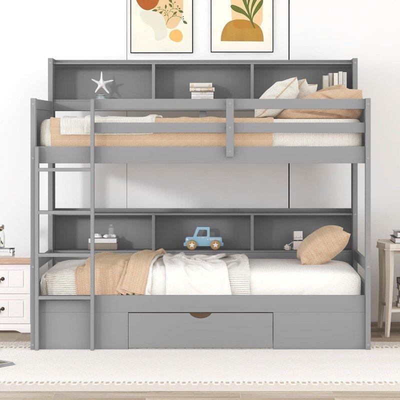 Gri MDF Çekmeceli ve Raflı Ranza - 199x124x176 cm - 249069