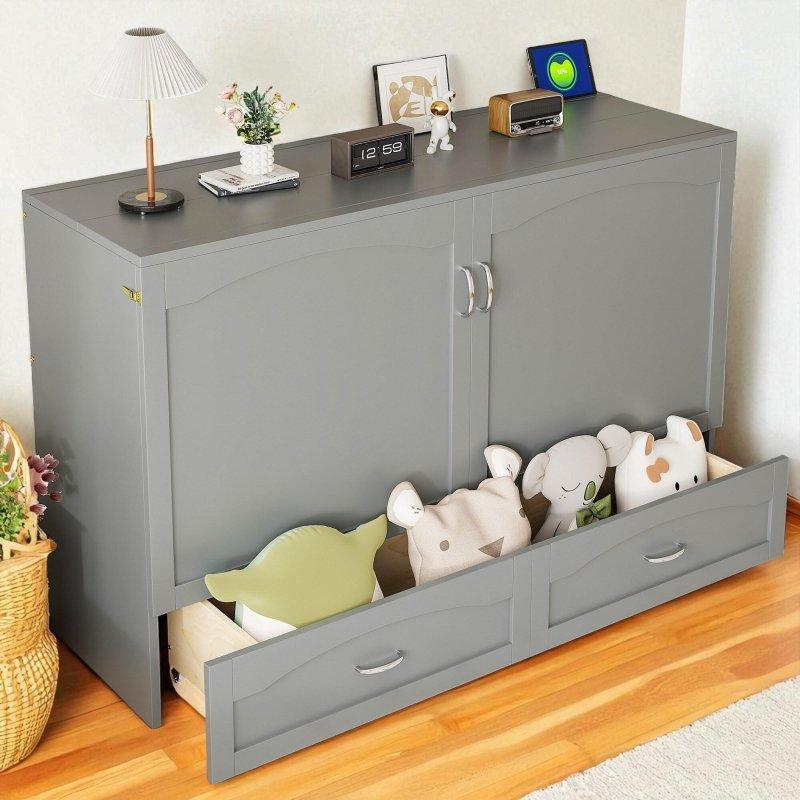 Gri MDF Çekmeceli ve USB Portlu Çift Kişilik Duvar Yatağı - 158x207 cm - 262711