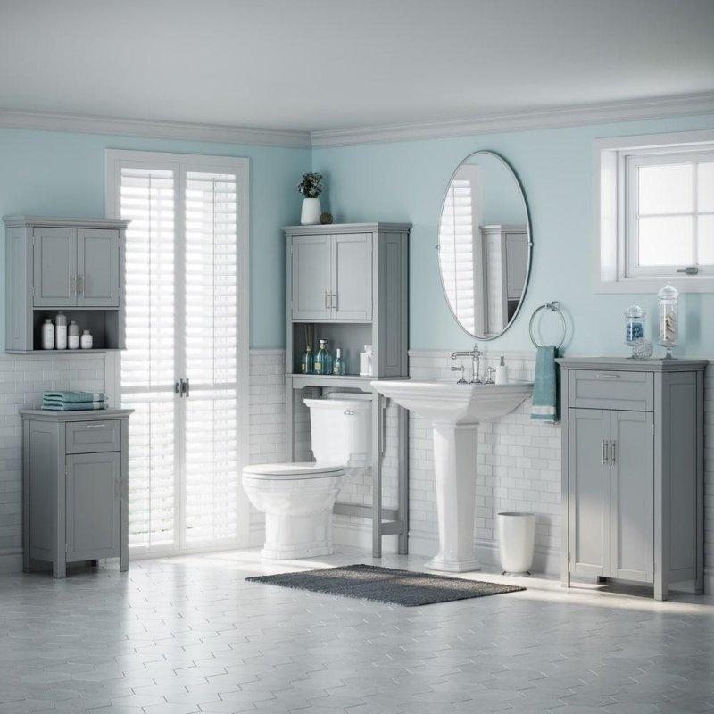 Gri MDF Çift Kapaklı Çekmeceli Ayarlanabilir Raflı Çok Amaçlı Banyo Dolabı - 60x30x103 cm - 334212