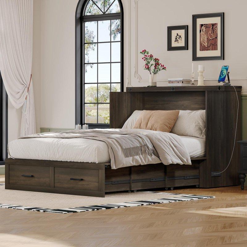 Gri MDF Dahili Şarj İstasyonlu ve Çekmeceli Katlanabilir Duvar Yatağı - 192x140 cm - 262549